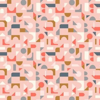 Lewis and Irene Forme Scattered Geo in Pink, White and Tan on Pale Pink Fabric, Bright Quilting