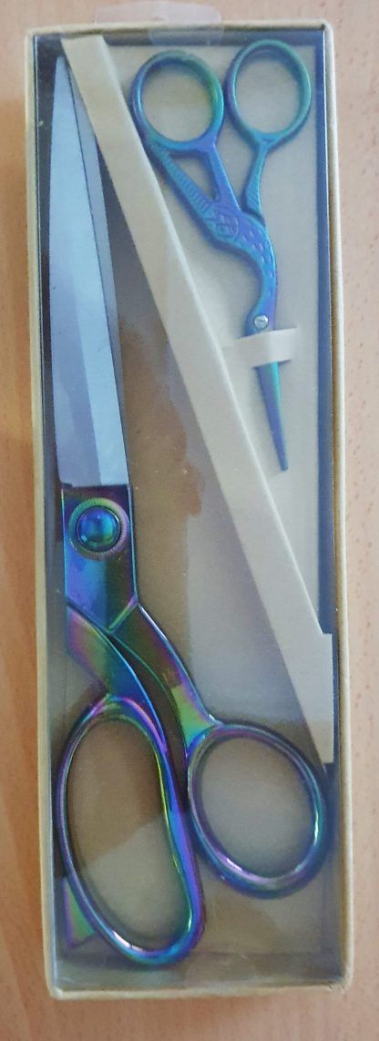 Rainbow Scissor Gift Set 25.5cm Shears, 11.5cm Stork Scissors with Thimble and Pins Bright Quilting