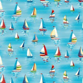 Makower Beside The Sea - Sailboats on Sky Blue Fabric Bright Quilting