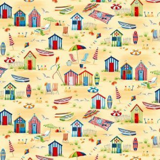 Makower Beside The Sea -Beach Hut Scene on Yellow Fabric Bright Quilting