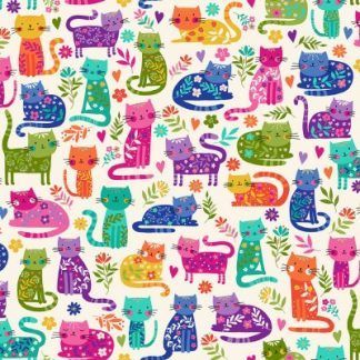 Makower Katie's Cats Range - Multicoloured Cats on Cream Fabric Bright Quilting