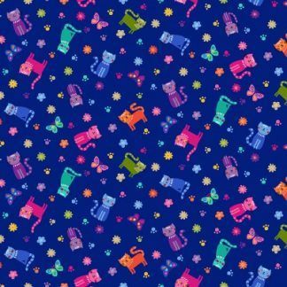 Makower Katie's Cats Range - Scattered Multicoloured Cats on Mid Blue Fabric Bright Quilting