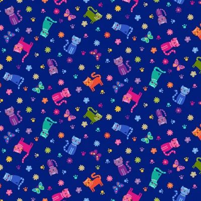 Makower Katie's Cats Range - Scattered Multicoloured Cats on Mid Blue Fabric Bright Quilting