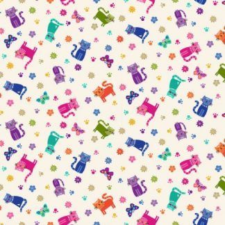 Makower Katie's Cats Range - Scattered Multicoloured Cats on Cream Fabric Bright Quilting