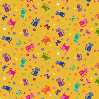 Makower Katie's Cats Range - Scattered Multicoloured Cats on yellow Fabric Bright Quilting