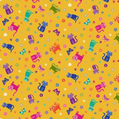 Makower Katie's Cats Range - Scattered Multicoloured Cats on yellow Fabric Bright Quilting