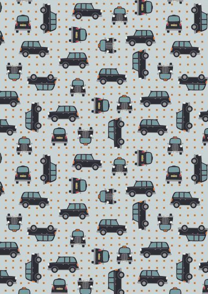 Lewis and Irene City Nights Black Taxis on Blue/Grey Fabric Bright Quilting
