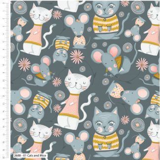 Craft Cotton Kitty Garden Cats and Mice on Grey/Blue fabric Bright Quilting