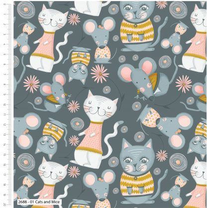 Craft Cotton Kitty Garden Cats and Mice on Grey/Blue fabric Bright Quilting