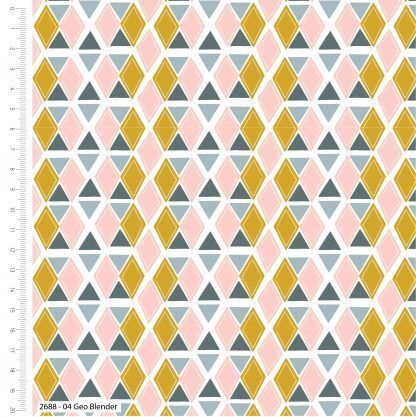 Craft Cotton Kitty Garden Geo Blender Grey/Blue, pink and yellow on white fabric Bright Quilting