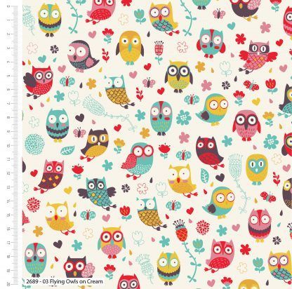 Craft Cotton Happy Owls Flying Multi coloured on a white background fabric. Bright Quilting