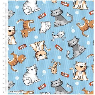 Craft Cotton Friendly Cats Multi coloured on a light blue background fabric. Bright Quilting