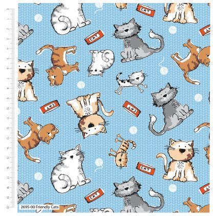 Craft Cotton Friendly Cats Multi coloured on a light blue background fabric. Bright Quilting