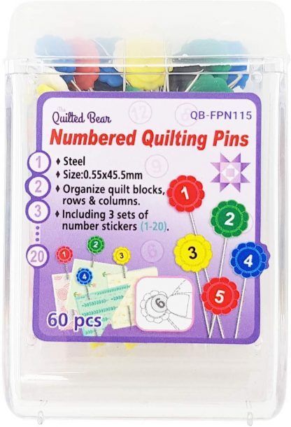 QB Flower head pins with number stickers Bright Quilting