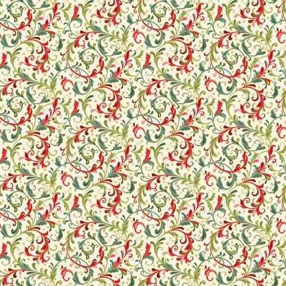 Makower Classic Foliage Decorative Scrolls Green and Red Scrolls on a Cream background Bright Quilting