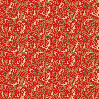 Makower Classic Foliage Decorative Scrolls Green and Cream Scrolls on a Red background Bright Quilting