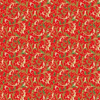 Makower Classic Foliage Decorative Scrolls Green and Cream Scrolls on a Red background Bright Quilting