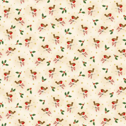 Makower Classic Foliage Robin Brown, Red and White Robins on a Cream background Bright Quilting