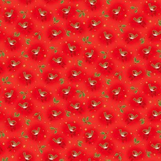 Makower Classic Foliage Robin Brown, Red and White Robins on a Red background Bright Quilting