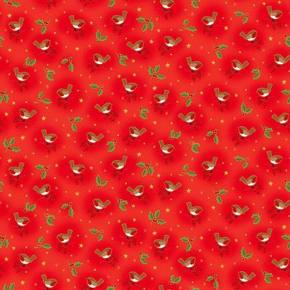 Makower Classic Foliage Robin Brown, Red and White Robins on a Red background Bright Quilting