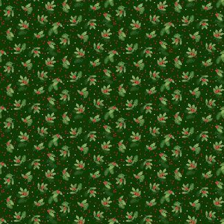 Makower Classic Foliage Holly Spray Green Holly and Red Berries on a Dark Green background Bright Quilting