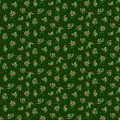 Makower Classic Foliage Holly Spray Green Holly and Red Berries on a Dark Green background Bright Quilting