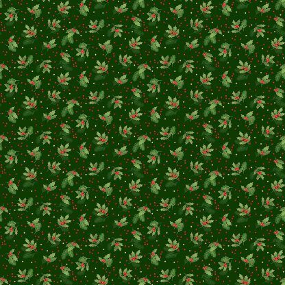 Makower Classic Foliage Holly Spray Green Holly and Red Berries on a Dark Green background Bright Quilting