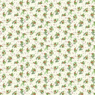 Makower Classic Foliage Holly Spray Green Holly and Red Berries on a Cream background Bright Quilting