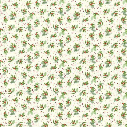 Makower Classic Foliage Holly Spray Green Holly and Red Berries on a Cream background Bright Quilting