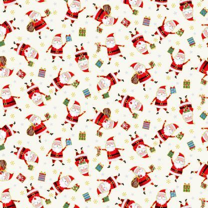 Makower Santa Express Santa's Cream background with Santa carrying colourful presents Bright Quilting