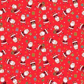Makower Santa Express Santa's Red background with Santas carrying colourful presents Bright Quilting