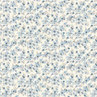 Makower Tranquillity Cherry Branch White Background with Grey and Blue Flowers Bright Quilting