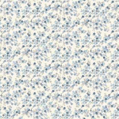 Makower Tranquillity Cherry Branch White Background with Grey and Blue Flowers Bright Quilting