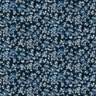 Makower Tranquillity Cherry Branch Dark Blue Background with Grey, Blue and White Flowers Bright Quilting