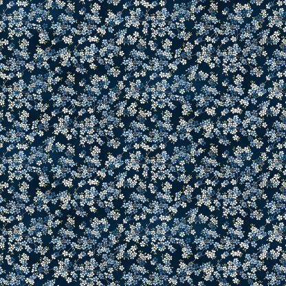 Makower Tranquillity Cherry Branch Dark Blue Background with Grey, Blue and White Flowers Bright Quilting