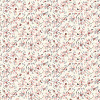Makower Tranquillity Cherry Branch White Background with Grey and Pink Flowers Bright Quilting