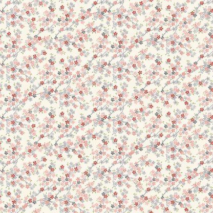 Makower Tranquillity Cherry Branch White Background with Grey and Pink Flowers Bright Quilting