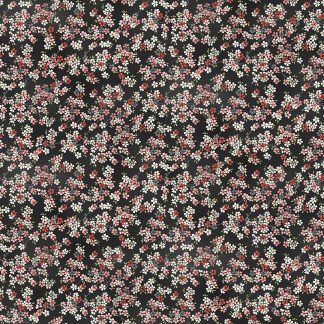Makower Tranquillity Cherry Branch Black Background with Grey, Pink and White Flowers Bright Quilting