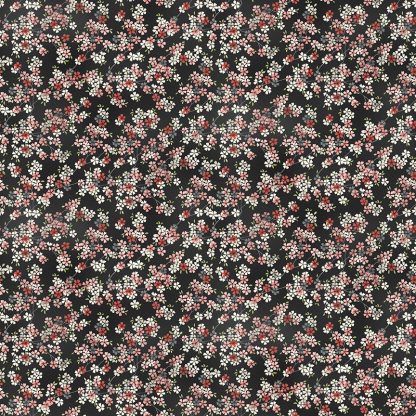 Makower Tranquillity Cherry Branch Black Background with Grey, Pink and White Flowers Bright Quilting