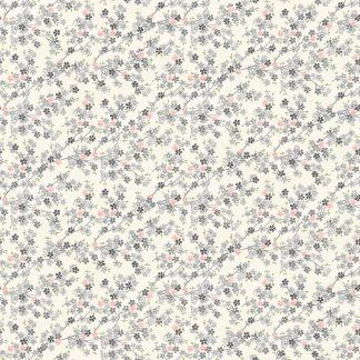 Makower Tranquillity Cherry Branch White Background with Grey and Pink Flowers Bright Quilting