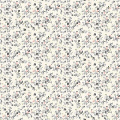 Makower Tranquillity Cherry Branch White Background with Grey and Pink Flowers Bright Quilting