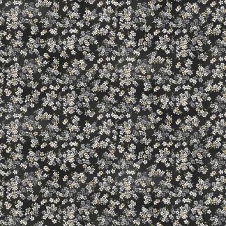 Makower Tranquillity Cherry Branch Black Background with Grey and White Flowers Bright Quilting