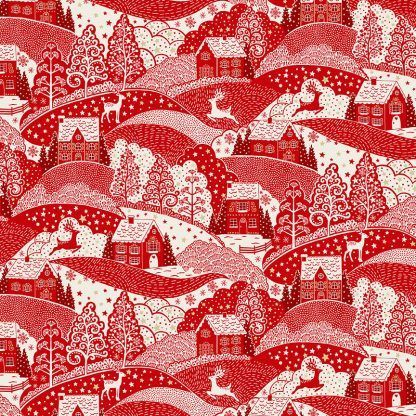 Makower 2021 Scandi Christmas Fabric Cream Background with Red Hill Scene with Gold Metallic Snowflakes Bright Quilting