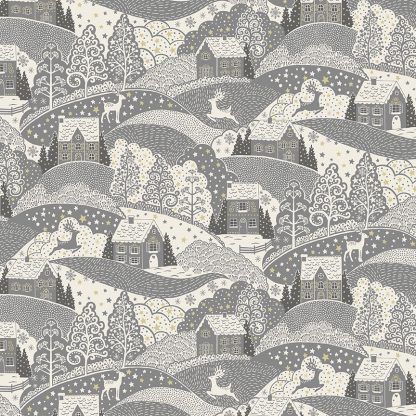 Makower 2021 Scandi Christmas Fabric Cream Background with Silver Grey Hill Scene with Gold Metallic Snowflakes Bright Quilting