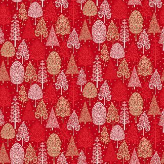 Makower 2021 Scandi Christmas Fabric Red Background with White, Red and Gold Metallic Trees Bright Quilting