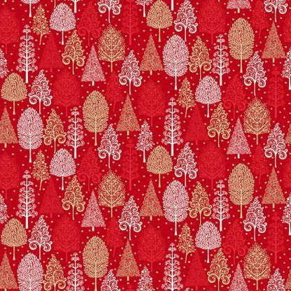 Makower 2021 Scandi Christmas Fabric Red Background with White, Red and Gold Metallic Trees Bright Quilting