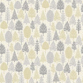 Makower 2021 Scandi Christmas Fabric Cream Background with Grey, Silver and Gold Metallic Trees Bright Quilting