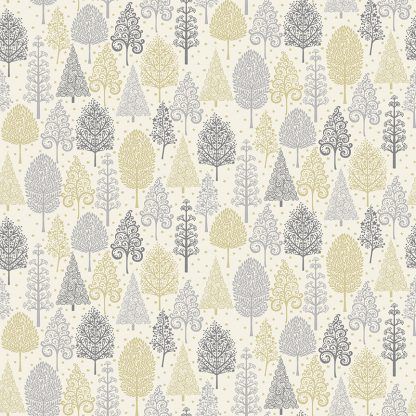 Makower 2021 Scandi Christmas Fabric Cream Background with Grey, Silver and Gold Metallic Trees Bright Quilting