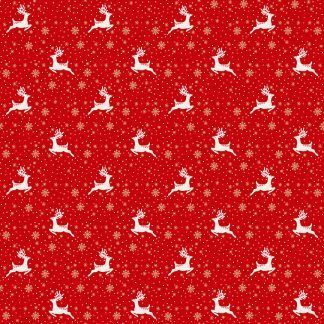 Makower 2021 Scandi Christmas Fabric Red Background with White Reindeer and Gold Metallic Snowflakes Bright Quilting