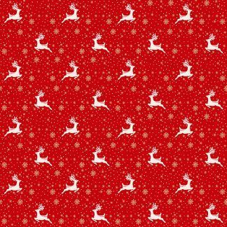Makower 2021 Scandi Christmas Fabric Red Background with White Reindeer and Gold Metallic Snowflakes Bright Quilting